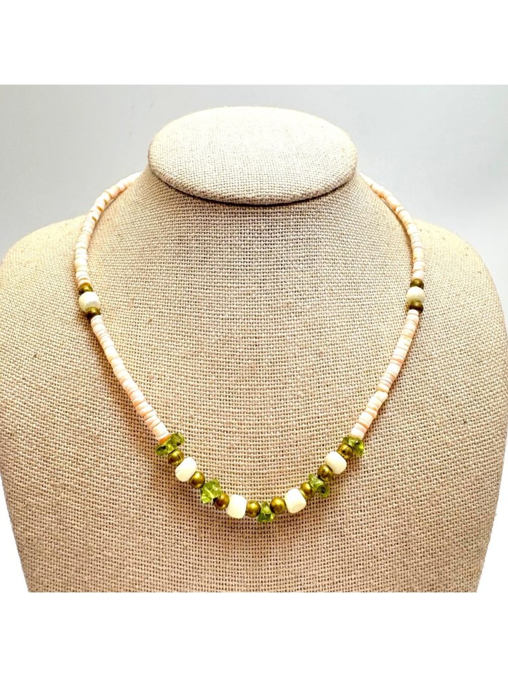 Pink Shell & Peridot Gold Tone Beaded Necklace Gold Filled Clasp 16.25" L